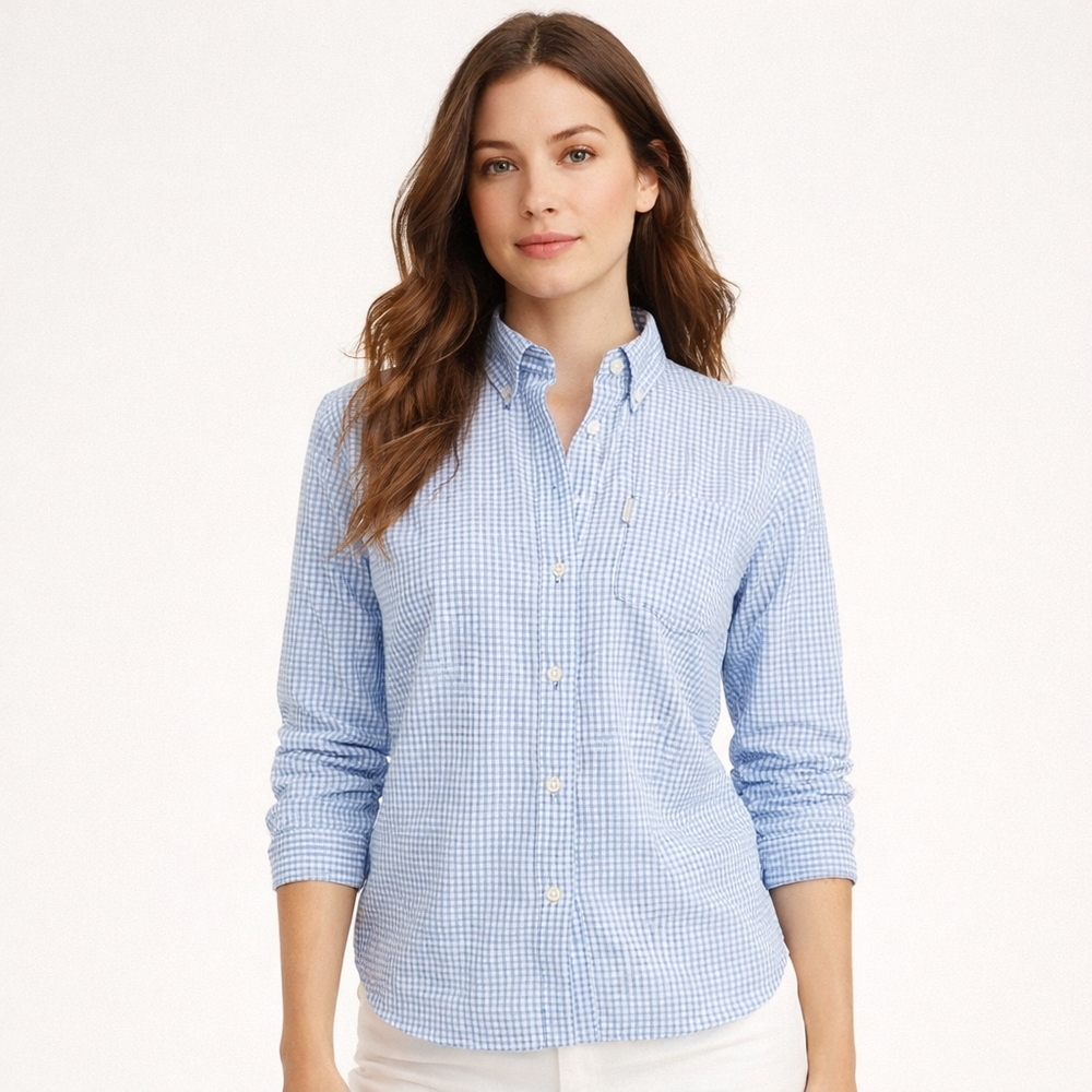 Mont Bell Blue Gingham Seersucker Button‎ Down Top Women’s Medium Casual Office